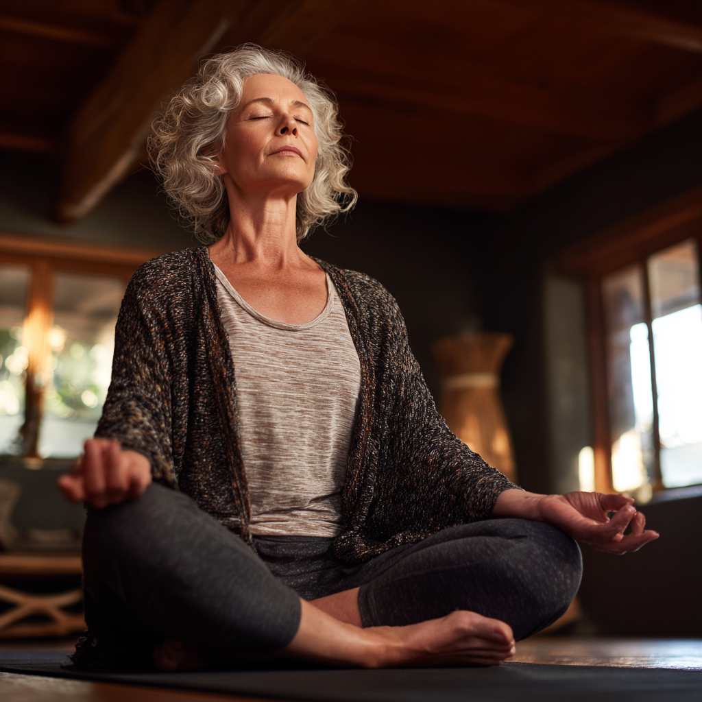mature woman practicing peaceful yoga meditation in serene studio environment