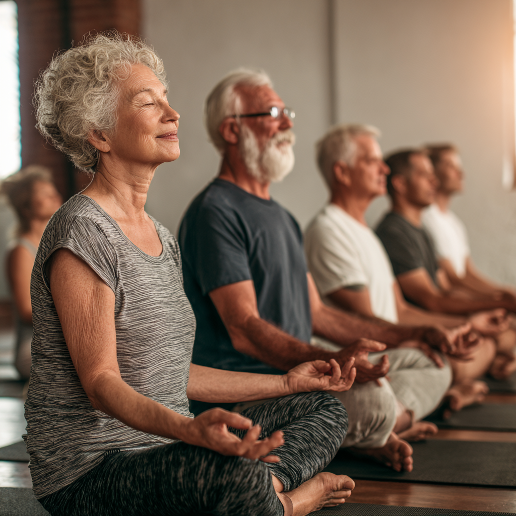senior adults practicing mindful yoga together in peaceful group setting